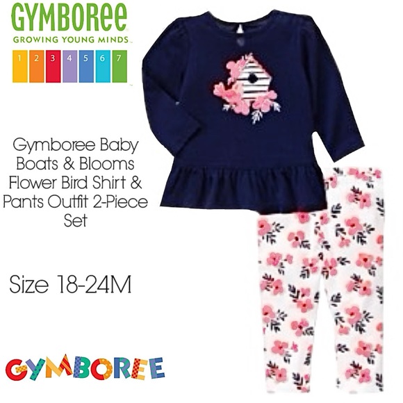 Gymboree Other - Gymboree Baby Boats & Blooms Flower Bird Shirt & Pants Outfit 2-Piece Set